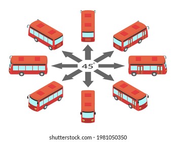 Rotation of the bus by 45 degrees. Red bus in different angles in isometric.