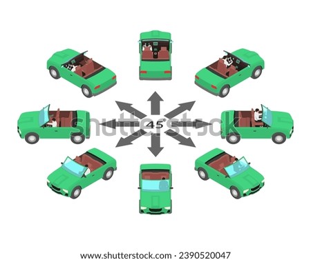 Rotation of cabriolet 45 degrees. Green cars with drop top in isometric view.