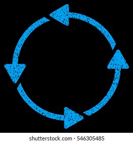 Rotation CCW grainy textured icon for overlay watermark stamps. Flat symbol with dirty texture. Dotted vector blue ink rubber seal stamp with grunge design on a black background.