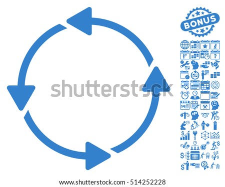 Rotation CCW icon with bonus calendar and time management pictograms. Vector illustration style is flat iconic symbols, cobalt color, white background.