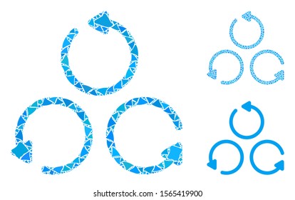 Rotation composition of rugged parts in variable sizes and color tinges, based on rotation icon. Vector bumpy elements are united into composition. Rotation icons collage with dotted pattern.