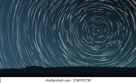 Rotation of the constellations around the Polar Star. Outdoor vector illustration. View from the Earth to the starry sky. Abstract space background. Long exposure of the stars in the night sky. 