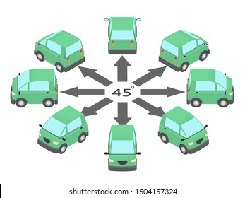 Rotation of the coupe car by 45 degrees. Compact car in different angles in isometric.