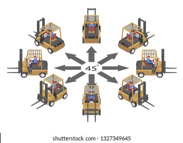 Rotation of the forklift by 45 degrees. Forklifts and drivers in isometric.