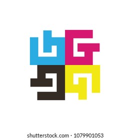 Rotation four G letter with CMYK color logo design vector