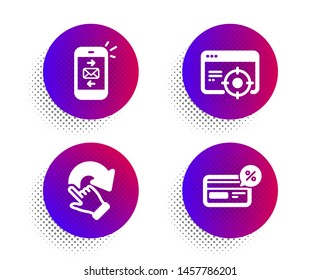 Rotation gesture, Mail and Seo targeting icons simple set. Halftone dots button. Cashback sign. Undo, Smartphone communication, Performance. Non-cash payment. Technology set. Vector