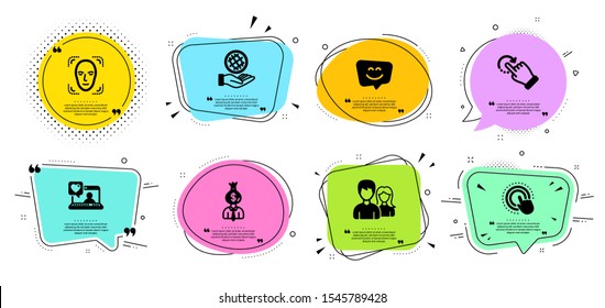 Rotation gesture, Smile face and Face detection line icons set. Chat bubbles with quotes. Safe planet, Couple and Click hand signs. Friends chat, Manager symbols. Undo, Chat. People set. Vector