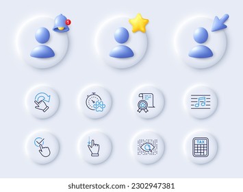 Rotation gesture, Tax calculator and Checkbox line icons. Placeholder with 3d cursor, bell, star. Pack of Certificate, Touchscreen gesture, Musical note icon. Vector