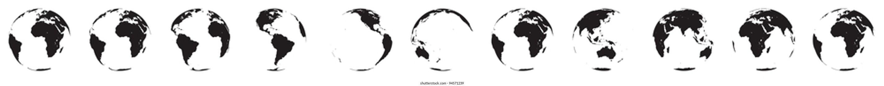 rotation of the globe as a vector file. Isolated on white background. Eleven positions.