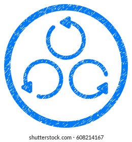 Rotation grainy textured icon inside circle for overlay watermark stamps. Flat symbol with dirty texture. Circled dotted vector blue ink rubber seal stamp with grunge design on a white background.