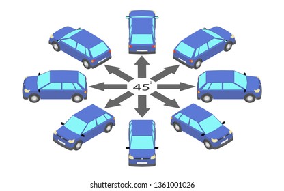 Rotation Of The Hatchback By 45 Degrees. Blue Car In Different Angles In Isometric.