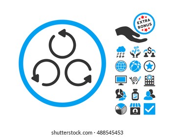 Rotation icon with bonus icon set. Vector illustration style is flat iconic bicolor symbols, blue and gray colors, white background.