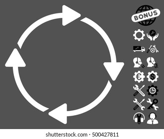 Rotation icon with bonus tools pictograms. Vector illustration style is flat iconic symbols, black and white colors, gray background.