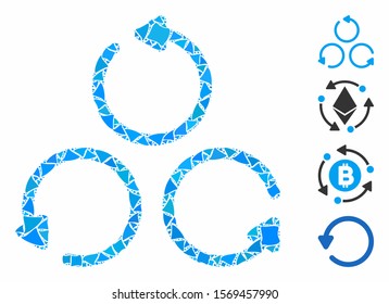 Rotation icon composition of irregular elements in variable sizes and color hues, based on rotation icon. Vector abrupt dots are grouped into collage. Rotation icons collage with dotted pattern.