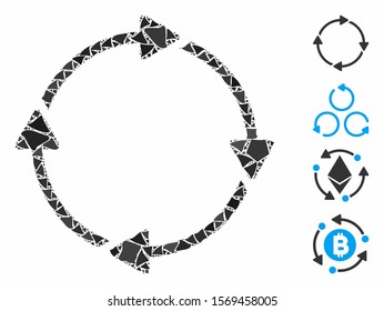 Rotation icon composition of ragged pieces in variable sizes and color tints, based on rotation icon. Vector trembly pieces are composed into collage. Rotation icons collage with dotted pattern.