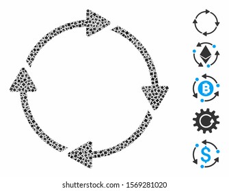 Rotation icon composition of rugged items in various sizes and color tinges, based on rotation icon. Vector uneven items are composed into composition. Rotation icons collage with dotted pattern.