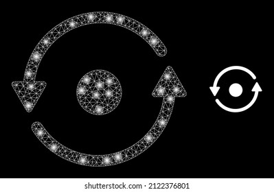 Rotation icon and glare mesh net rotation model with glowing spots. Illuminated model is done using rotation vector icon and triangle mesh. Glowing frame rotation, on a black background.