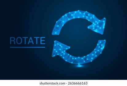 Rotation Icon neon light illustration on dark blue color background. Modern circle form icon on blue. recycle symbol, renew energy, web reload, change concept, refresh process