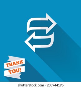 Rotation icon. Repeat symbol. Refresh sign. White flat icon with long shadow. Paper ribbon label with Thank you text. Vector
