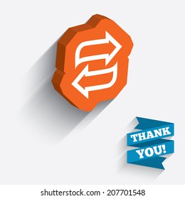 Rotation icon. Repeat symbol. Refresh sign. White icon on orange 3D piece of wall. Carved in stone with long flat shadow. Vector