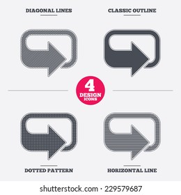 Rotation icon. Repeat symbol. Refresh sign. Diagonal and horizontal lines, classic outline, dotted texture. Pattern design icons.  Vector