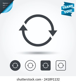Rotation icon. Repeat symbol. Refresh sign. Circle and square buttons. Flat design set. Thank you ribbon. Vector