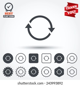 Rotation icon. Repeat symbol. Refresh sign. Circle, star, speech bubble and square buttons. Award medal with check mark. Thank you. Vector
