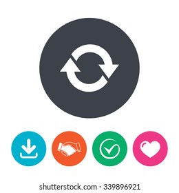 Rotation icon. Repeat symbol. Refresh sign. Download arrow, handshake, tick and heart. Flat circle buttons.