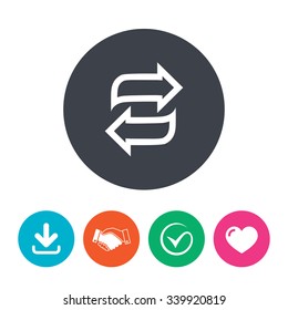 Rotation icon. Repeat symbol. Refresh sign. Download arrow, handshake, tick and heart. Flat circle buttons.