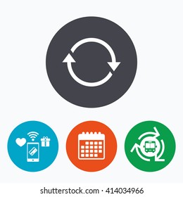 Rotation icon. Repeat symbol. Refresh sign. Mobile payments, calendar and wifi icons. Bus shuttle.