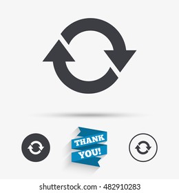 Rotation icon. Repeat symbol. Refresh sign. Flat icons. Buttons with icons. Thank you ribbon. Vector