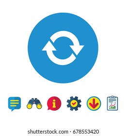 Rotation icon. Repeat symbol. Refresh sign. Information, Report and Speech bubble signs. Binoculars, Service and Download icons. Vector