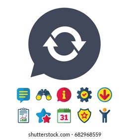 Rotation icon. Repeat symbol. Refresh sign. Information, Report and Speech bubble signs. Binoculars, Service and Download, Stars icons. Vector