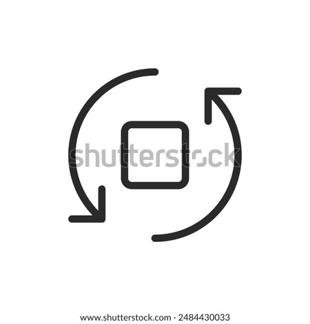 Rotation, linear style icon. Two curved arrows forming a circle around a square. Editable stroke width