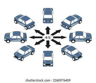 Rotation of logo car by 45 degrees. The flat cars in logo style in different angles in isometric view.