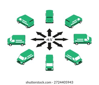 Rotação da van do logotipo em 45 graus. Os carros de entrega plana em estilo logotipo em diferentes ângulos na visão isométrica.