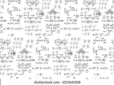 Rotation. Mathematical formulas, physical equations and outlines on white board. Vector hand-drawn seamless pattern. Retro scientific and educational background.