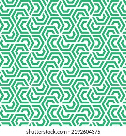 Rotation of maze hexagon pattern on white background. Colorful abstract art. Green stripe hexagon on white backdrop.