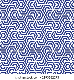 Rotation of maze hexagon pattern on white background. Colorful abstract art. Blue stripe hexagon on white backdrop.