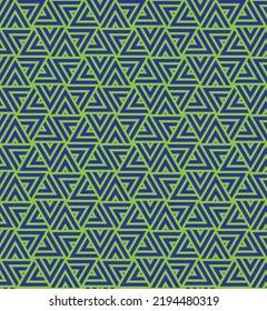 Rotation of maze triangle pattern on green background. Colorful abstract art. Blue stripe triangle shape on green backdrop.