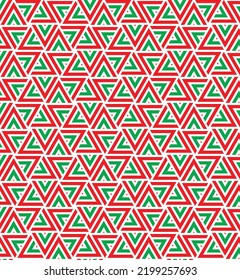 Rotation of maze triangle pattern on white background. Colorful abstract art. Red and green stripe triangle shape on white backdrop. Christmas theme color.