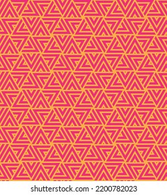 Rotation of maze triangle pattern on yellow background. Colorful abstract art. Red stripe triangle shape on yellow backdrop.
