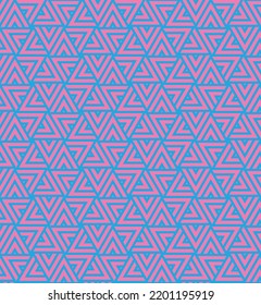 Rotation of maze triangle pattern on blue background. Colorful abstract art. Pink stripe triangle shape on blue backdrop. 