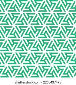 Rotation of maze triangle pattern on white background. Monochrome abstract art. Green stripe triangle shape on white backdrop. Abstract background.
