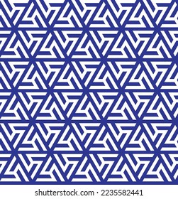 Rotation of maze triangle pattern on blue background. Monochrome abstract art. White stripe triangle shape on blue backdrop. Abstract background.