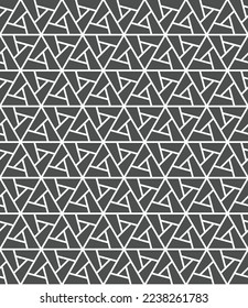 Rotation of maze triangle pattern on black background. Monochrome abstract art. White stripe and triangle shape on black backdrop.