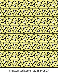 Rotation of maze triangle pattern on yellow background. Colorful abstract art. Black stripe and white triangle shape backdrop.