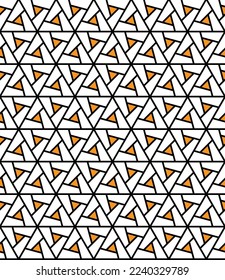 Rotation of maze triangle pattern on white background. Colorful abstract art. Black stripe and orange triangle shape backdrop.
