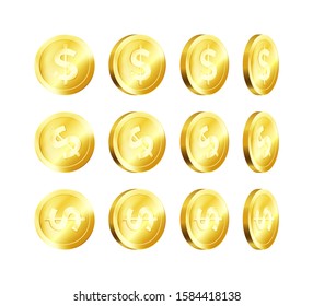 Rotation metallic gold coin. Golden dollar. Business symbol of money. Vector illustration