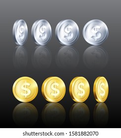 Rotation metallic gold and silver coin template with reflection. Golden and Silver dollar icon. Business symbol of money. Vector illustration